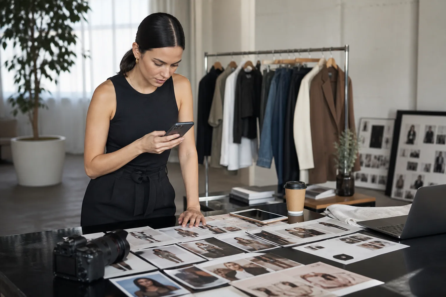 A fashion professional reviews campaign imagery in a studio.