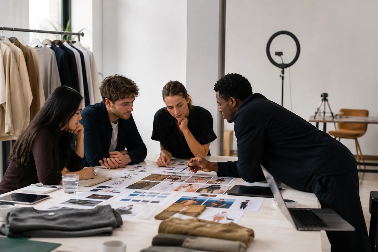 A team reviews clothing imagery and fabric samples around a table.