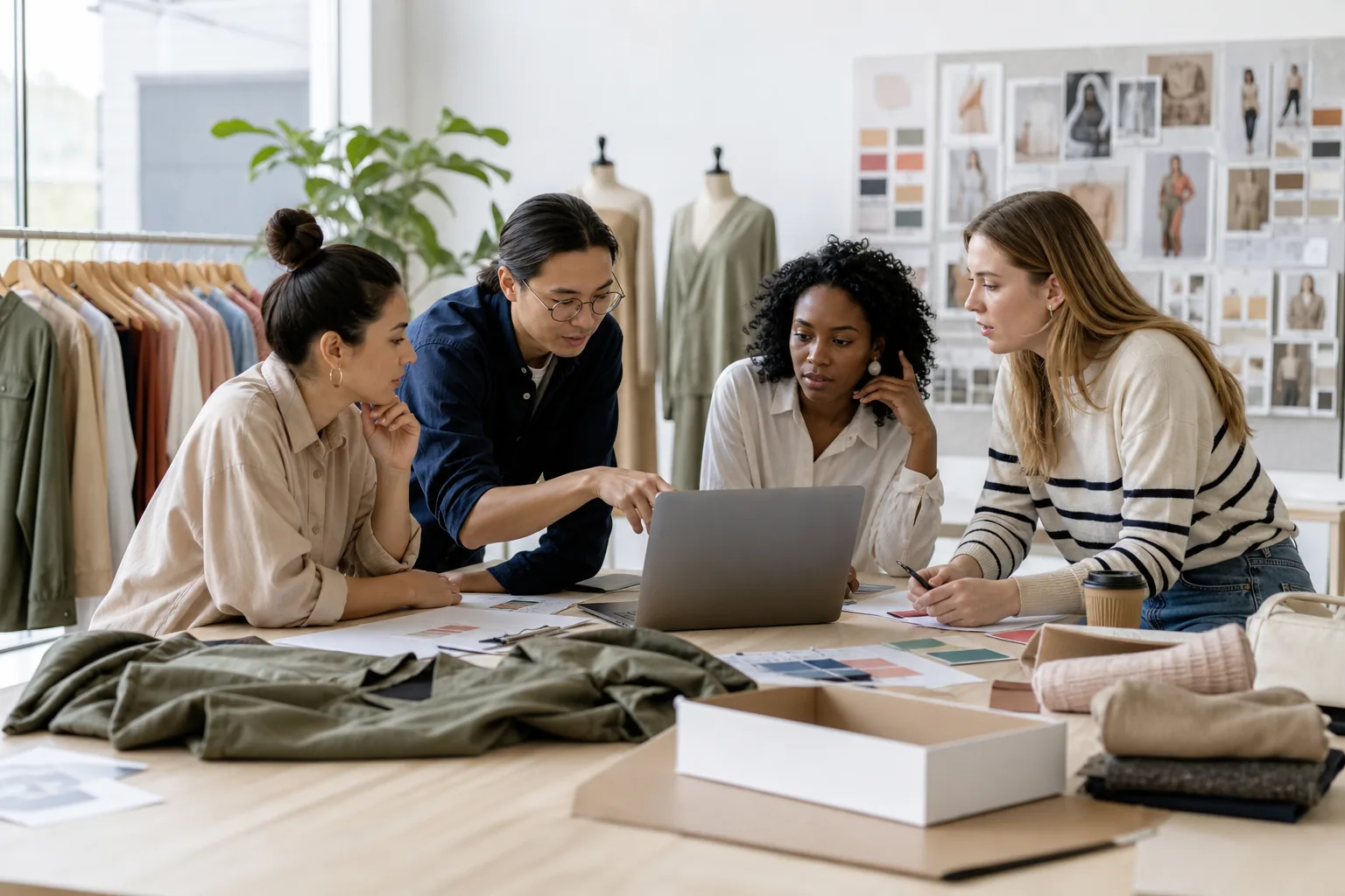 A fashion team reviews work together on a laptop.