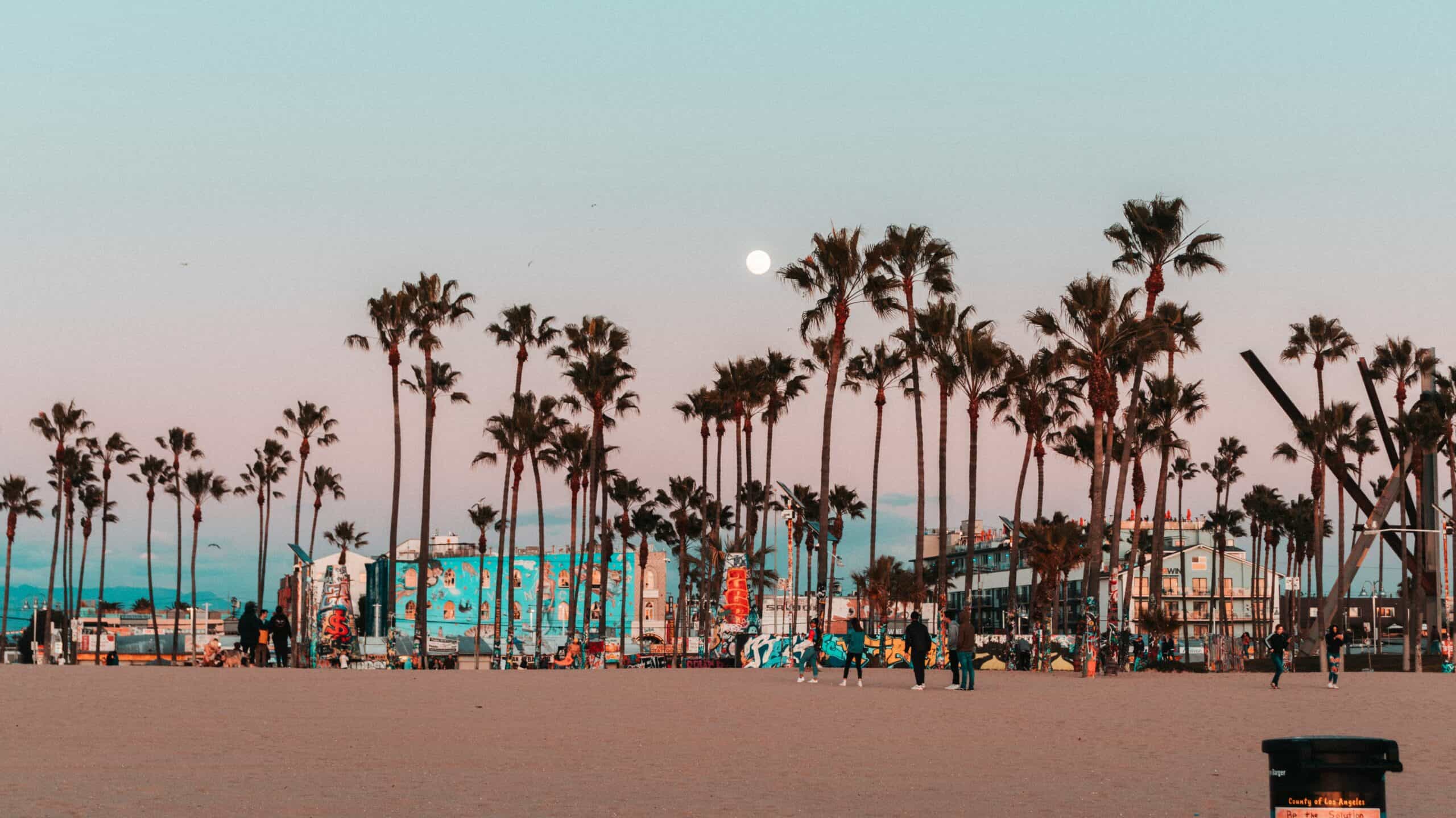 Venice Beach in Los Angeles at sunset with palm trees, colorful murals, and people walking along the sand — representing the city’s creative fashion culture