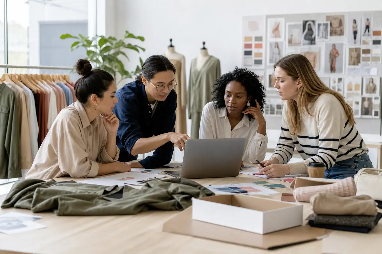 Direct-to-consumer fashion team coordinating merchandising and customer analytics.