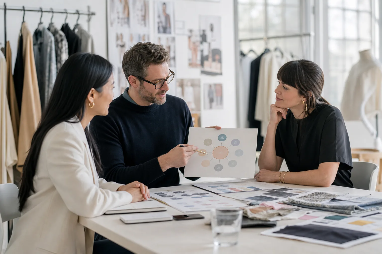 Three professionals discuss a proposal around a table.