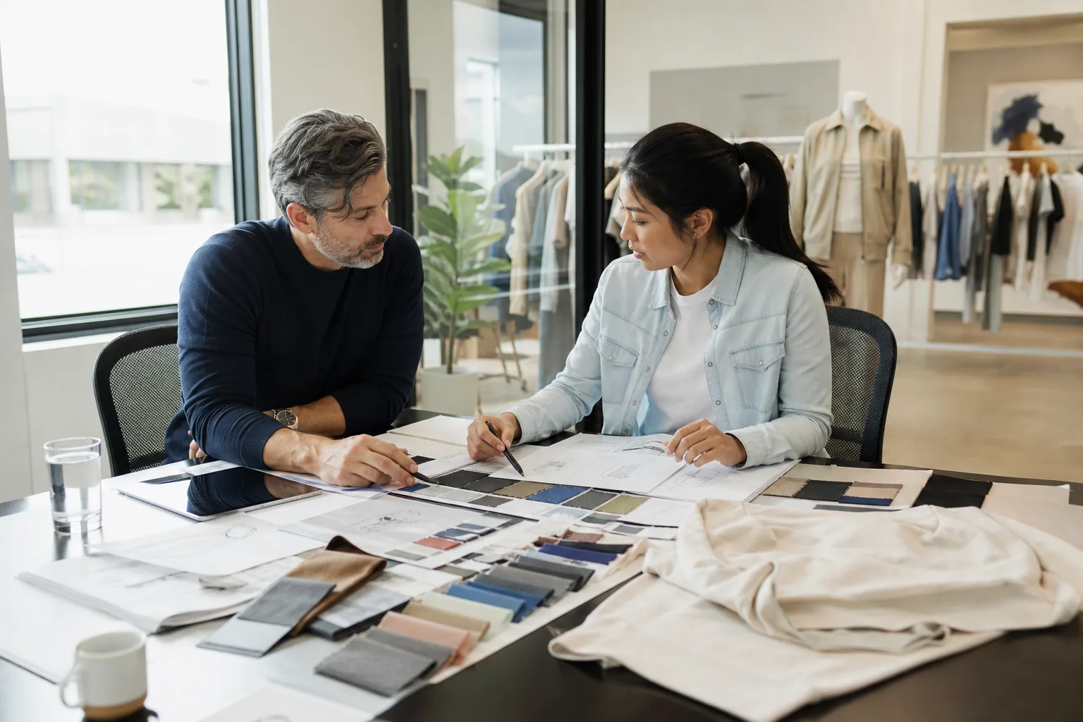 Two fashion professionals review drawings and fabric swatches.