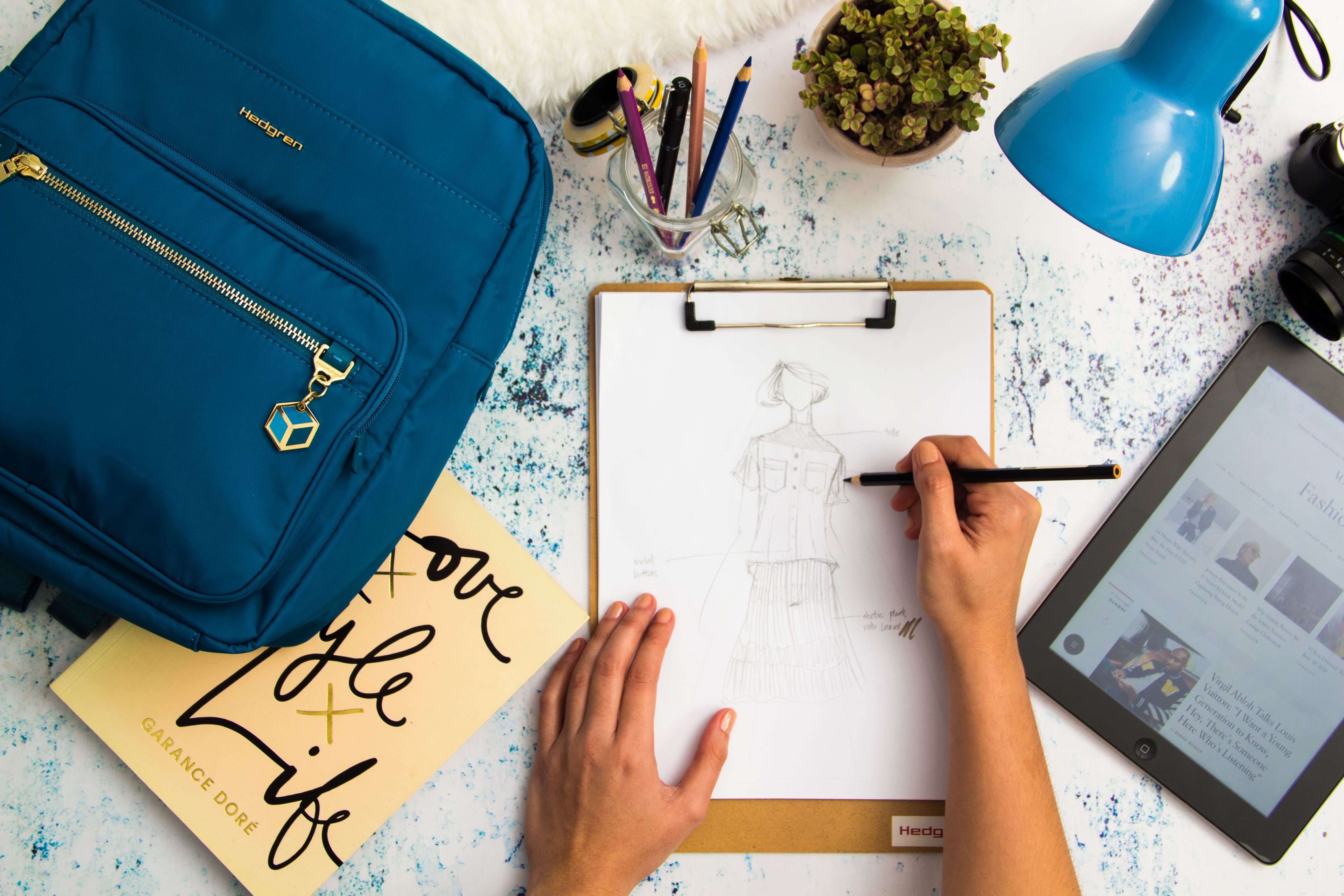 Fashion Designer Sketching, bag up close