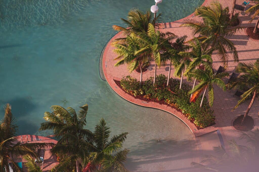 Aerial view of a Miami resort pool surrounded by palm trees and sunlit walkways, representing the city’s vibrant fashion and luxury lifestyle